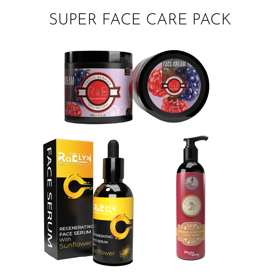 R&E Exotic Berries Face Cream (100g) +Ginseng & Red Wine Face Wash (200 ml) +Regenerating Face Serum with Sun Flower (50 ml)